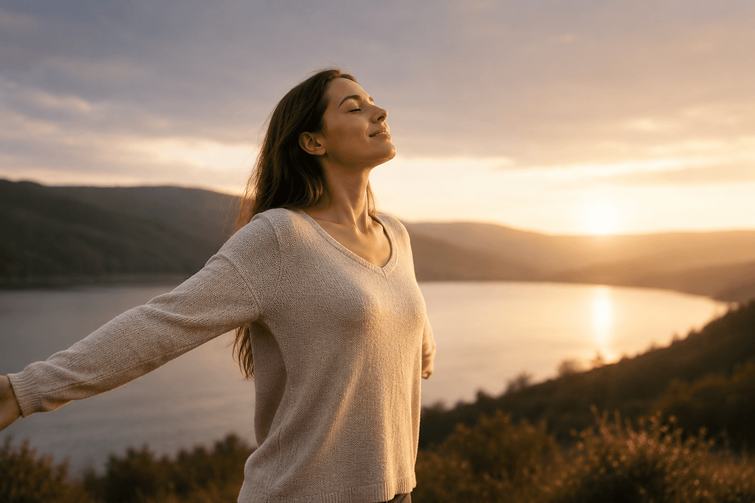 A calm outdoor wellbeing moment at sunrise.